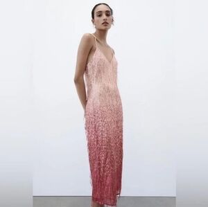 ZARA Pink Ombre Sequin Fringe Maxi Dress Party Women Crossback Spaghetti Strap
